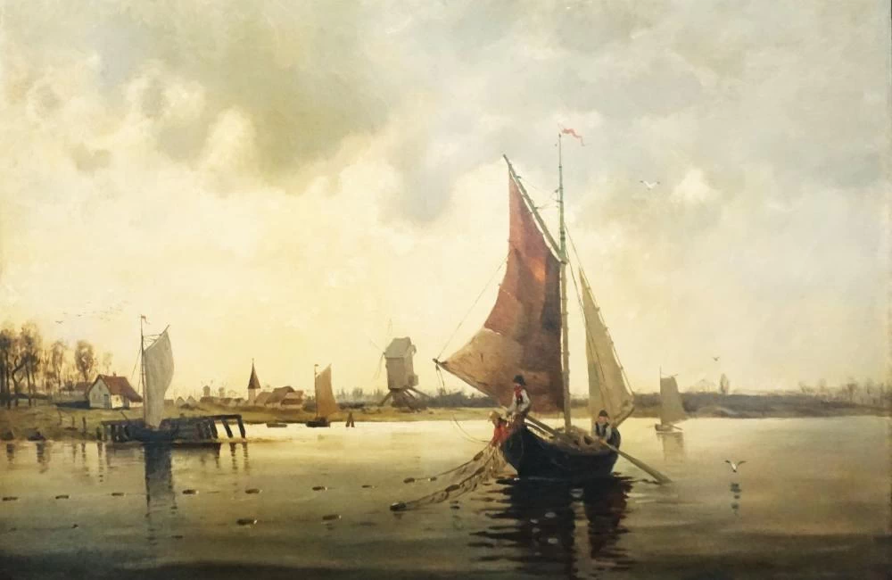 Paesaggio olandese del canale con pescatori